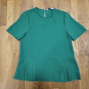 Zara Green‎ Short Sleeve Boxy Pleated Hem Blouse In Green